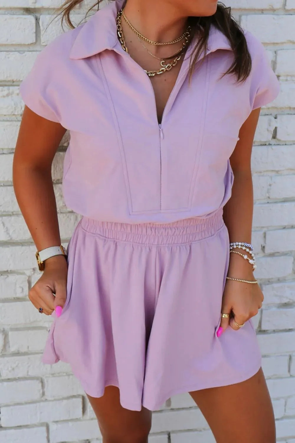 Short Sleeve Zipper Collared Elastic High Waist Romper in pink