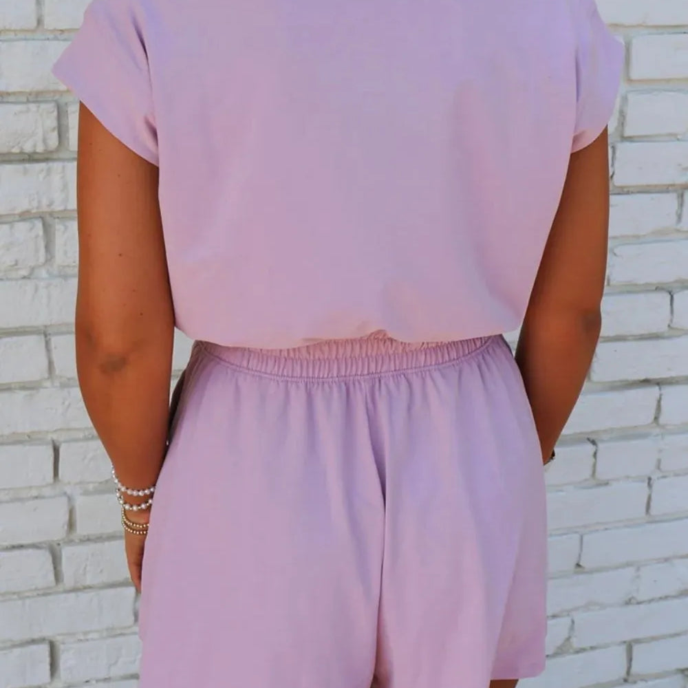 Short Sleeve Zipper Collared Elastic High Waist Romper in pink
