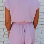 Short Sleeve Zipper Collared Elastic High Waist Romper in pink