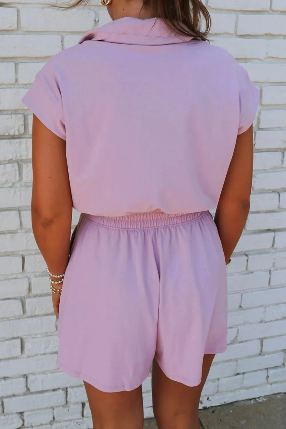 Short Sleeve Zipper Collared Elastic High Waist Romper in pink