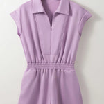 Short Sleeve Zipper Collared Elastic High Waist Romper in pink