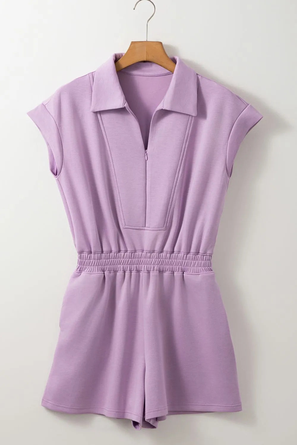 Short Sleeve Zipper Collared Elastic High Waist Romper in pink
