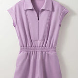 Short Sleeve Zipper Collared Elastic High Waist Romper in pink