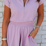 Short Sleeve Zipper Collared Elastic High Waist Romper in pink