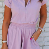 Short Sleeve Zipper Collared Elastic High Waist Romper in pink