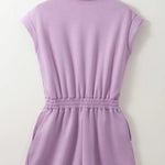 Short Sleeve Zipper Collared Elastic High Waist Romper in pink