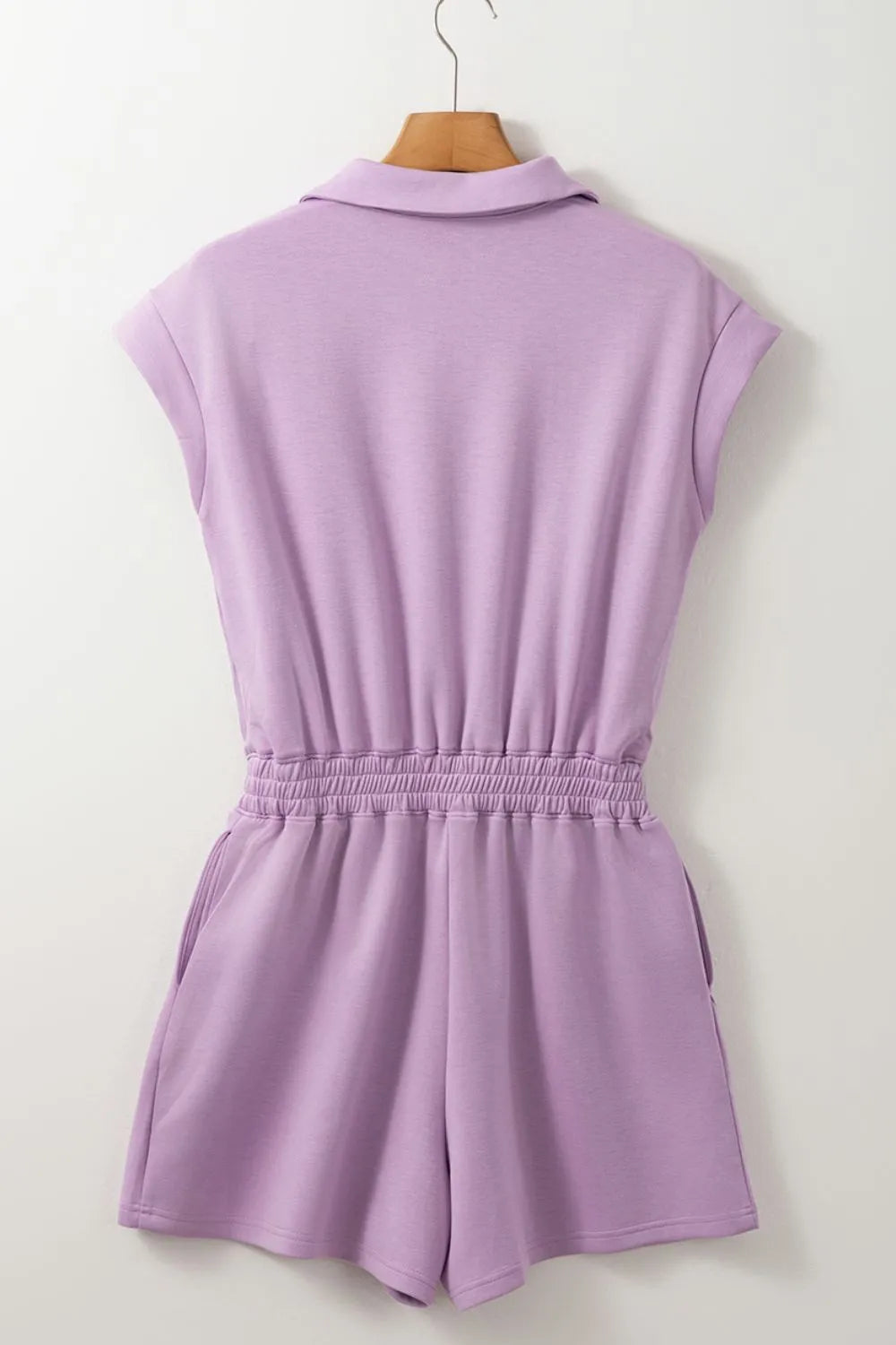 Short Sleeve Zipper Collared Elastic High Waist Romper in pink