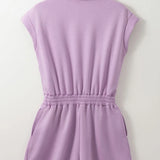 Short Sleeve Zipper Collared Elastic High Waist Romper in pink