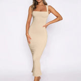Women's beige nude square-neck bodycon midi dress with smooth ribbed fabric and subtle flared hem.