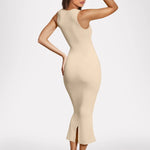 Women's beige nude square-neck bodycon midi dress with smooth ribbed fabric and subtle flared hem.