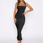 Women's black fitted rib-knit midi dress featuring square neckline, wide shoulder straps, and curve-hugging silhouette.