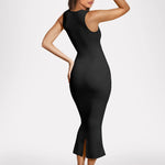 Women's black fitted rib-knit midi dress featuring square neckline, wide shoulder straps, and curve-hugging silhouette.