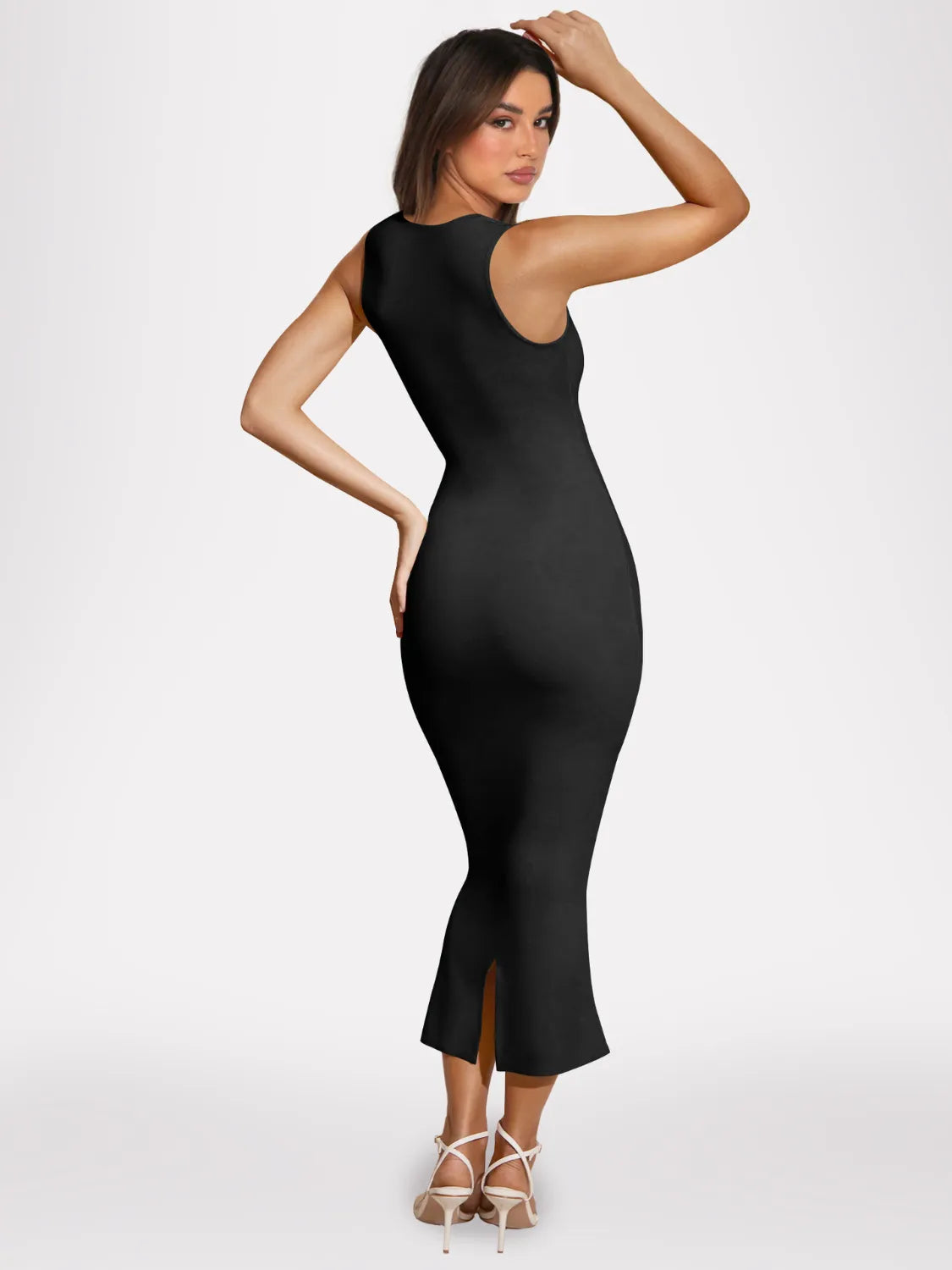 Women's black fitted rib-knit midi dress featuring square neckline, wide shoulder straps, and curve-hugging silhouette.