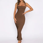 Women's mocha brown square-neck rib-knit bodycon midi dress with wide straps and kick-flare hem.