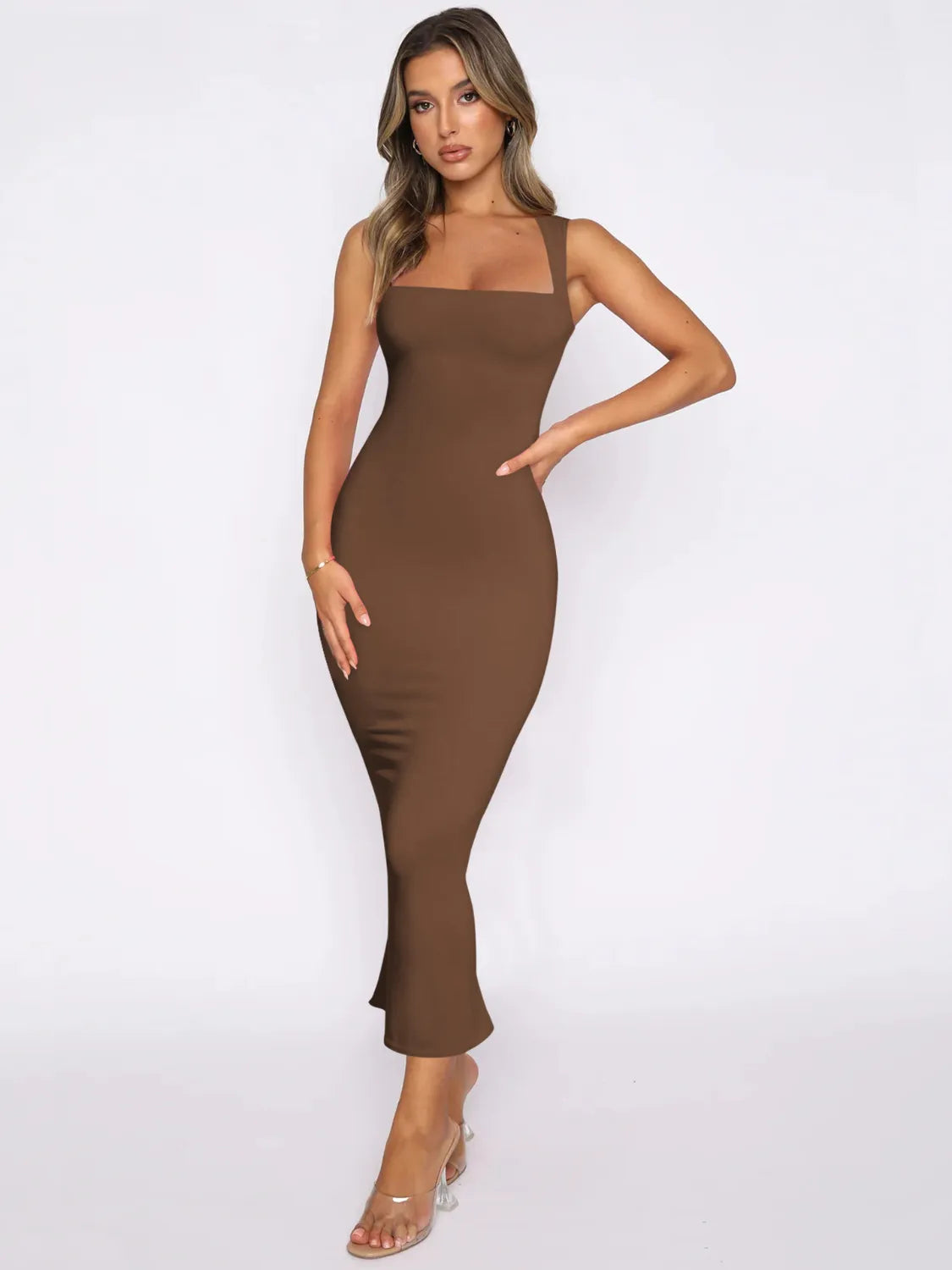 Women's mocha brown square-neck rib-knit bodycon midi dress with wide straps and kick-flare hem.