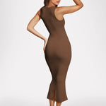 Women's mocha brown square-neck rib-knit bodycon midi dress with wide straps and kick-flare hem.