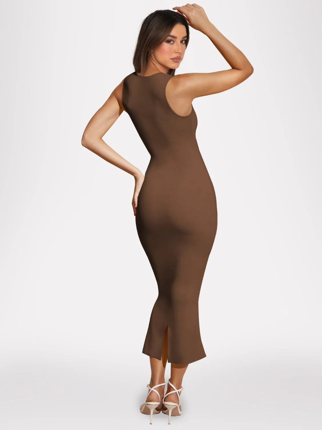 Women's mocha brown square-neck rib-knit bodycon midi dress with wide straps and kick-flare hem.