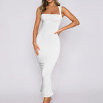 Women's white square-neck sleeveless bodycon midi dress in stretchy rib knit fabric.