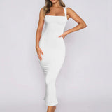 Women's white square-neck sleeveless bodycon midi dress in stretchy rib knit fabric.