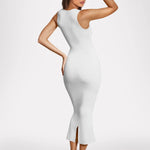 Women's white square-neck sleeveless bodycon midi dress in stretchy rib knit fabric.