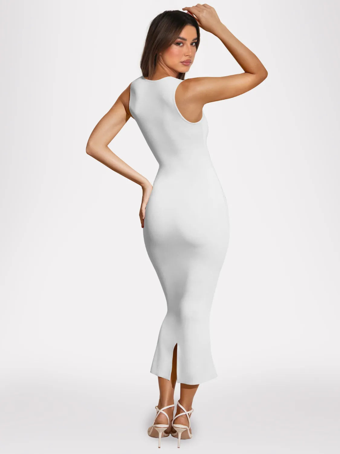 Women's white square-neck sleeveless bodycon midi dress in stretchy rib knit fabric.