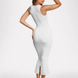 Women's white square-neck sleeveless bodycon midi dress in stretchy rib knit fabric.