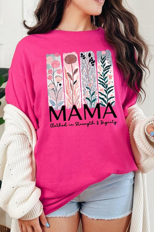 Pink T-shirt with pastel pink and teal floral panel design and bold ‘MAMA’ graphic reading ‘Clothed in Strength & Dignity.
