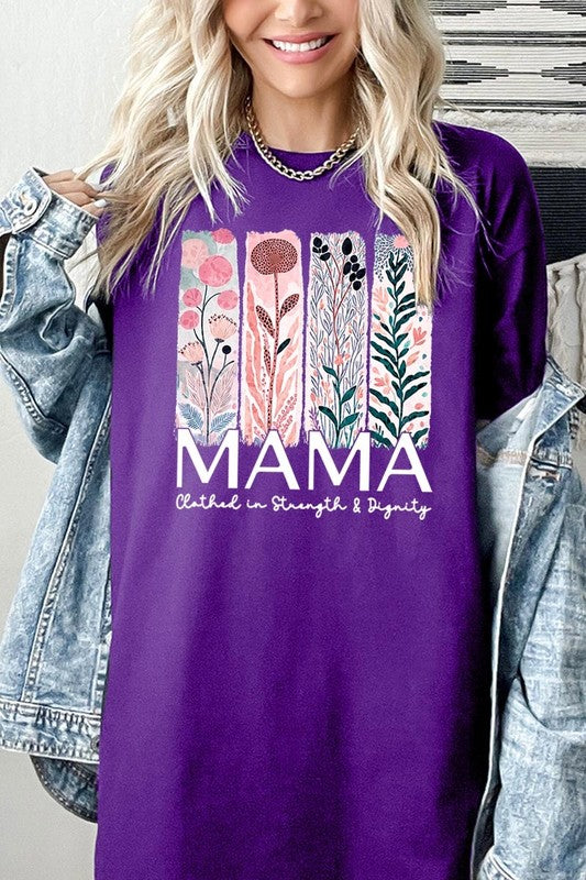 Purple T-shirt with pastel pink and teal floral panel design and bold ‘MAMA’ graphic reading ‘Clothed in Strength & Dignity.