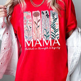 Red T-shirt with pastel pink and teal floral panel design and bold ‘MAMA’ graphic reading ‘Clothed in Strength & Dignity.