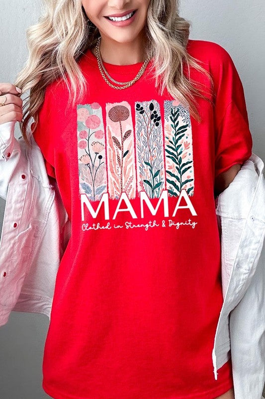 Red T-shirt with pastel pink and teal floral panel design and bold ‘MAMA’ graphic reading ‘Clothed in Strength & Dignity.