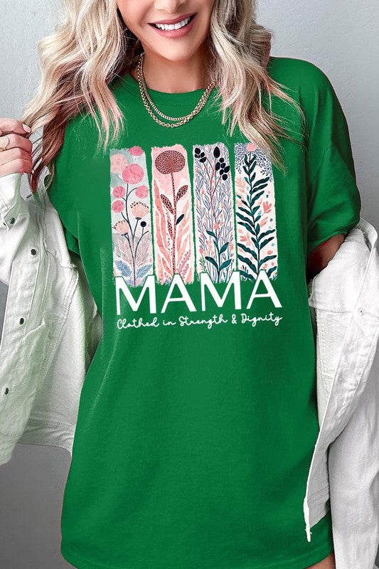 T-shirt with pastel pink and teal floral panel design and bold ‘MAMA’ graphic reading ‘Clothed in Strength & Dignity.