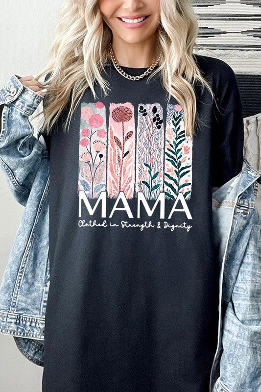Black T-shirt with pastel pink and teal floral panel design and bold ‘MAMA’ graphic reading ‘Clothed in Strength & Dignity.