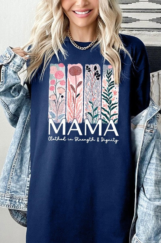 T-shirt with pastel pink and teal floral panel design and bold ‘MAMA’ graphic reading ‘Clothed in Strength & Dignity.