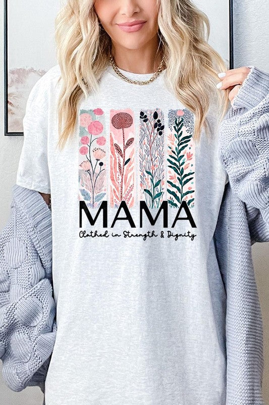 T-shirt with pastel pink and teal floral panel design and bold ‘MAMA’ graphic reading ‘Clothed in Strength & Dignity.