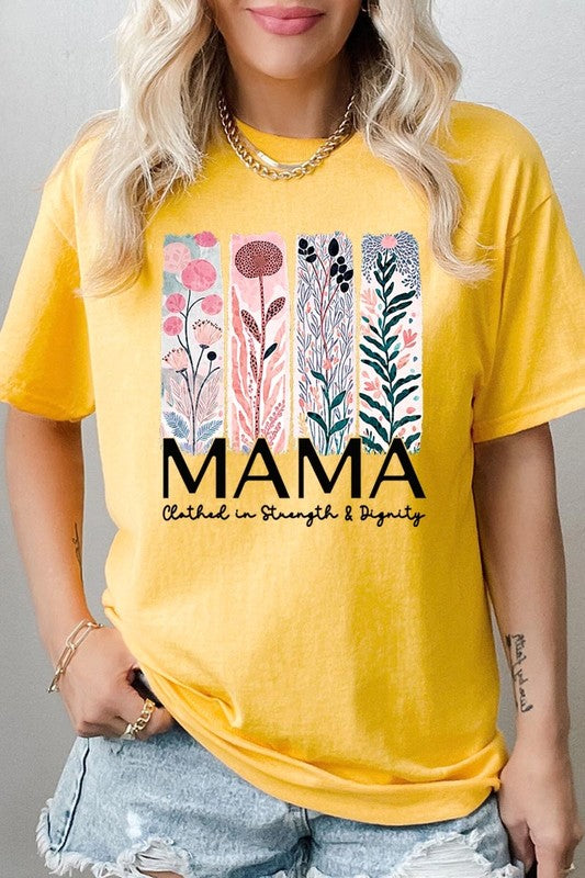 Yellow T-shirt with pastel pink and teal floral panel design and bold ‘MAMA’ graphic reading ‘Clothed in Strength & Dignity.