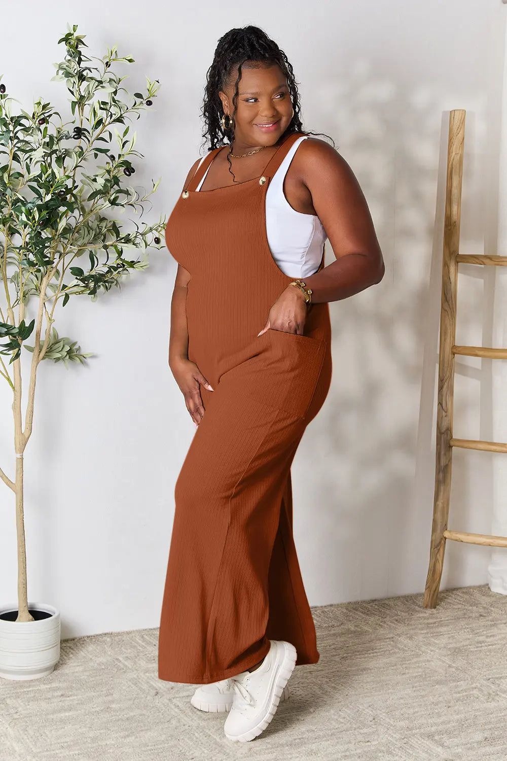 Double Take Full Size Wide Strap Overall with Pockets in Brown