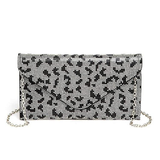 Front view of rhinestone envelope clutch with leopard print design and silver chain strap.