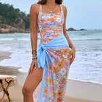 Square Neck Printed One-Piece Swimwear and Matching Cover Up Swim Set in Foral Blue