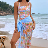 Square Neck Printed One-Piece Swimwear and Matching Cover Up Swim Set in Foral Blue