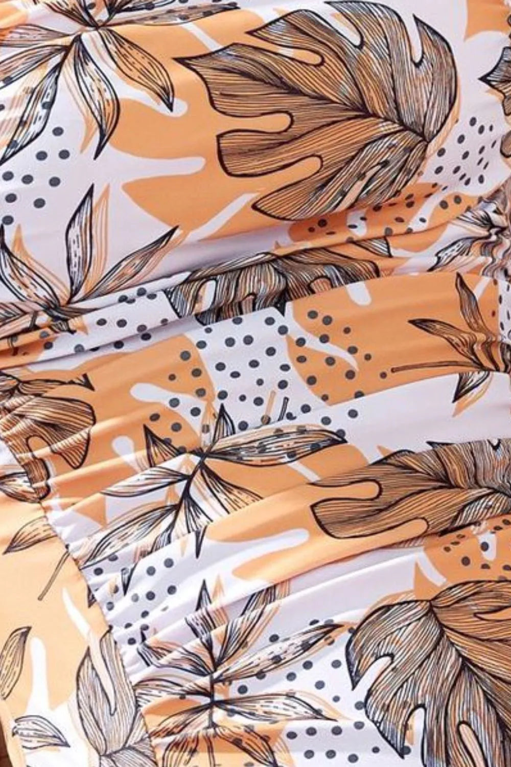 Square Neck Printed One-Piece Swimwear and Matching Cover Up Swim Set in Leaf Print Brown/Tan