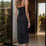 Cutout Slit Spaghetti Strap Black Denim Dress Back View