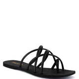 Women's handcrafted black crisscross flat sandals with minimalist strappy design by Rag & Co – stylish slip-on summer footwear.