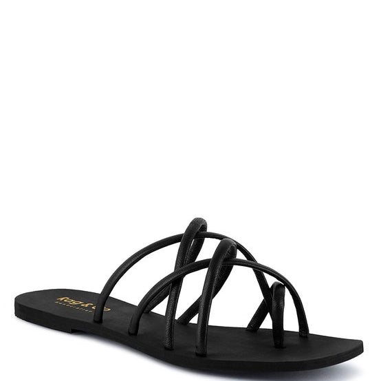 Women's handcrafted black crisscross flat sandals with minimalist strappy design by Rag & Co – stylish slip-on summer footwear.