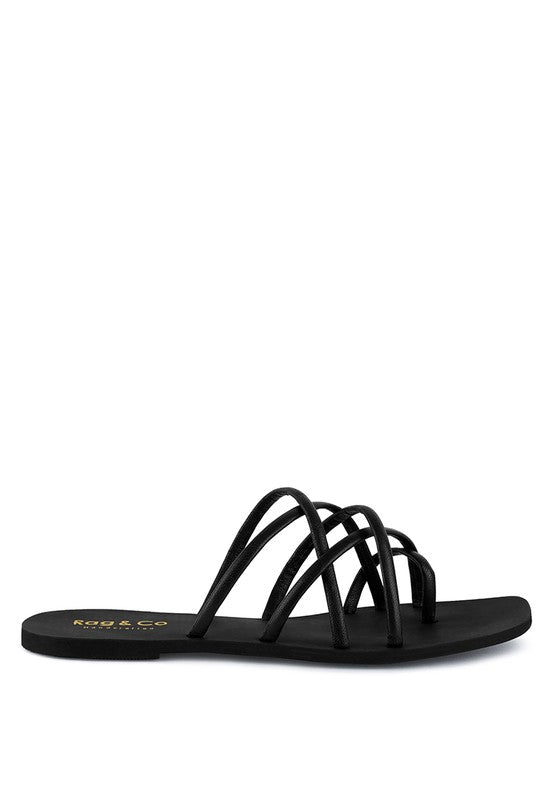 Women's handcrafted black crisscross flat sandals with minimalist strappy design by Rag & Co – stylish slip-on summer footwear.