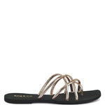 Women's handcrafted gold crisscross flat sandals with minimalist strappy design by Rag & Co – stylish slip-on summer footwear.