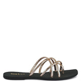 Women's handcrafted gold crisscross flat sandals with minimalist strappy design by Rag & Co – stylish slip-on summer footwear.