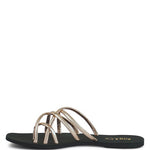 Women's handcrafted gold crisscross flat sandals with minimalist strappy design by Rag & Co – stylish slip-on summer footwear.