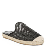 Backless women’s espadrille mule with woven raffia upper and jute sole, shown in yellow, black, and natural beige color options.