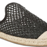 Backless women’s espadrille mule with woven raffia upper and jute sole, shown in yellow, black, and natural beige color options.