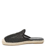 Backless women’s espadrille mule with woven raffia upper and jute sole, shown in yellow, black, and natural beige color options.